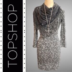 "Topshop" Bodycon Ottoman Midi Dress in grey/white with all over cross print- 6